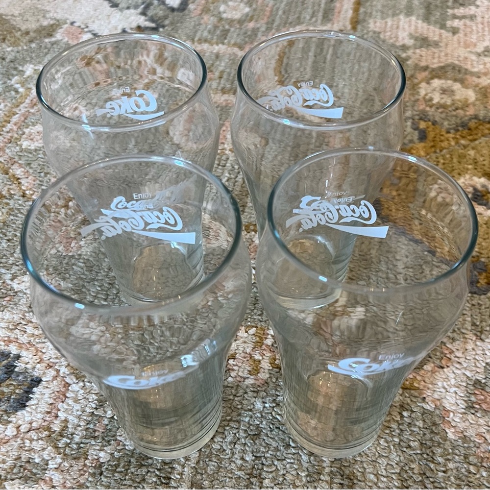 Coca Cola Coke Vtg 6" Tall 16oz 1970s‎ Set of 4 Glasses Clear w/White Letters